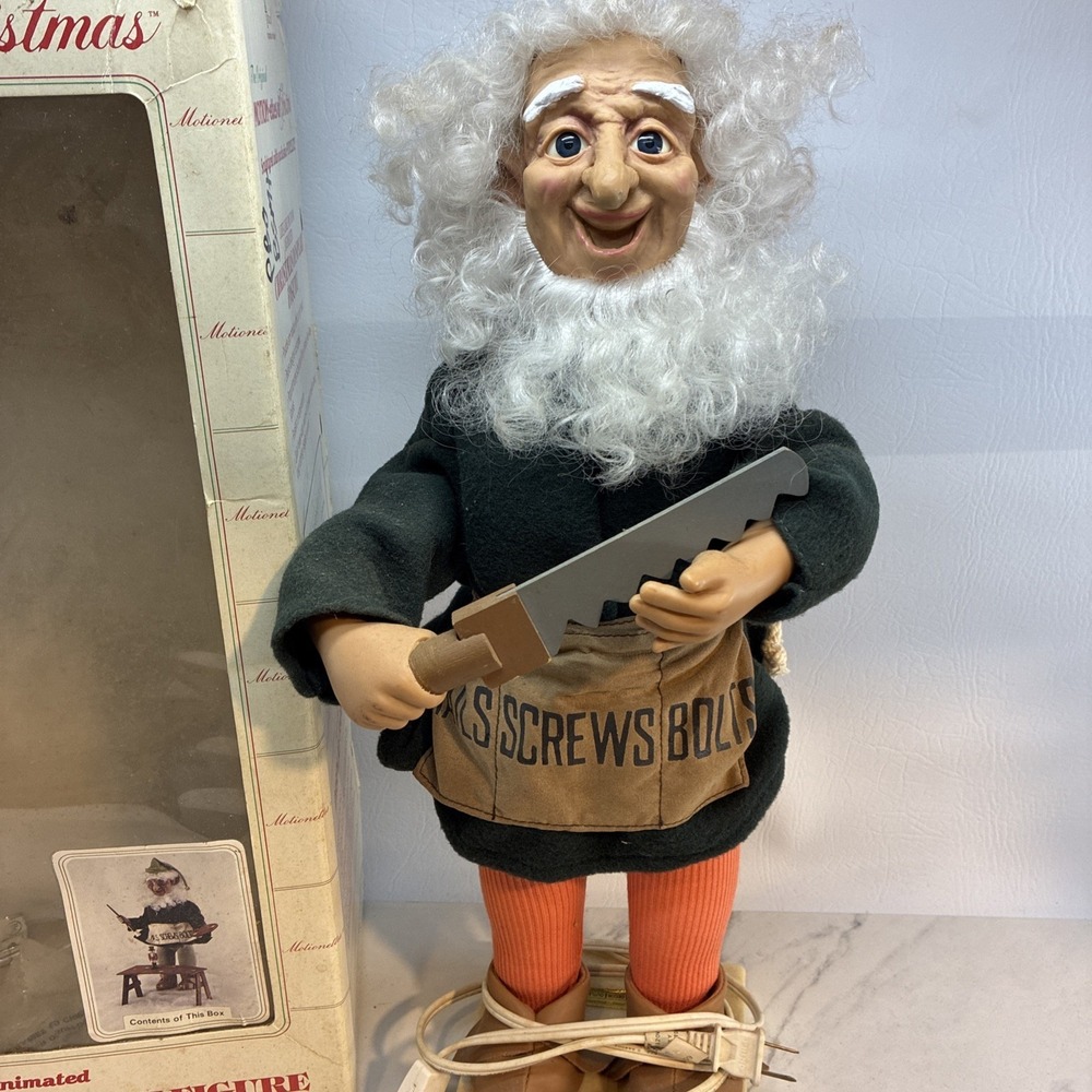Vintage Telco Motion-ettes Christmas Animated Elf Toymaker Carpenter Saw Works